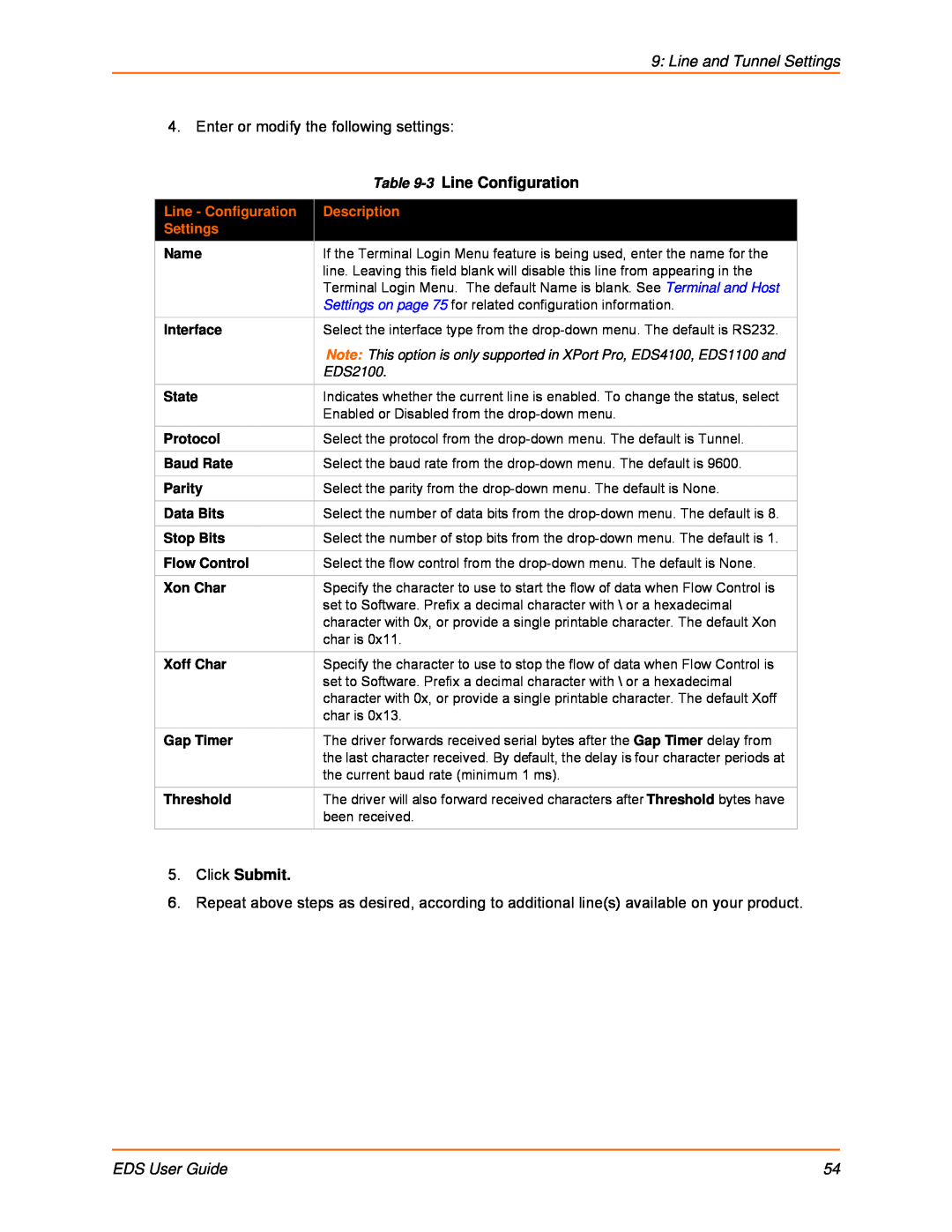 Lantronix EDS32PR manual Line and Tunnel Settings, 3 Line Configuration, Click Submit, EDS User Guide, Line - Configuration 
