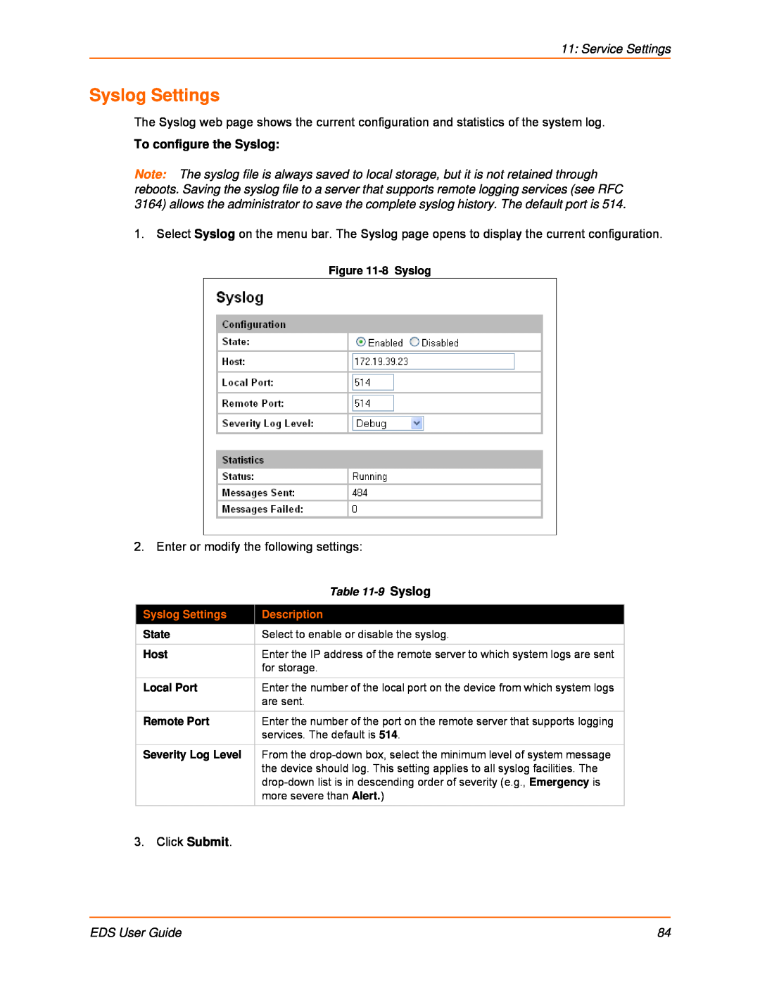 Lantronix EDS32PR manual Service Settings, To configure the Syslog, EDS User Guide, 9 Syslog, Syslog Settings, Description 