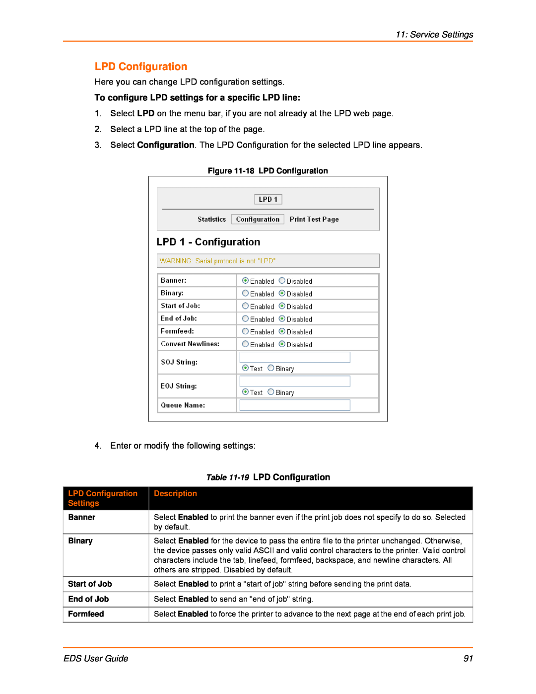 Lantronix EDS16PR LPD Configuration, Service Settings, To configure LPD settings for a specific LPD line, EDS User Guide 