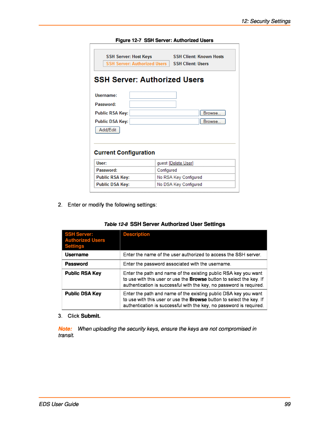 Lantronix EDS8PR manual Security Settings, 8 SSH Server Authorized User Settings, Click Submit, EDS User Guide, Description 