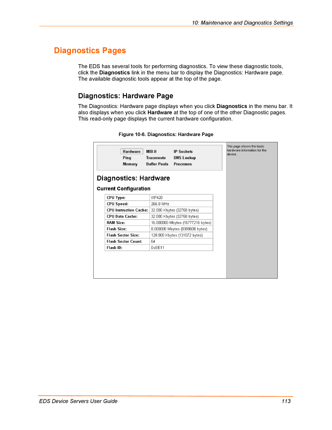 Lantronix EDS16PR, EDS32PR, EDS4100, EDS8PR manual Diagnostics Pages, Diagnostics Hardware 