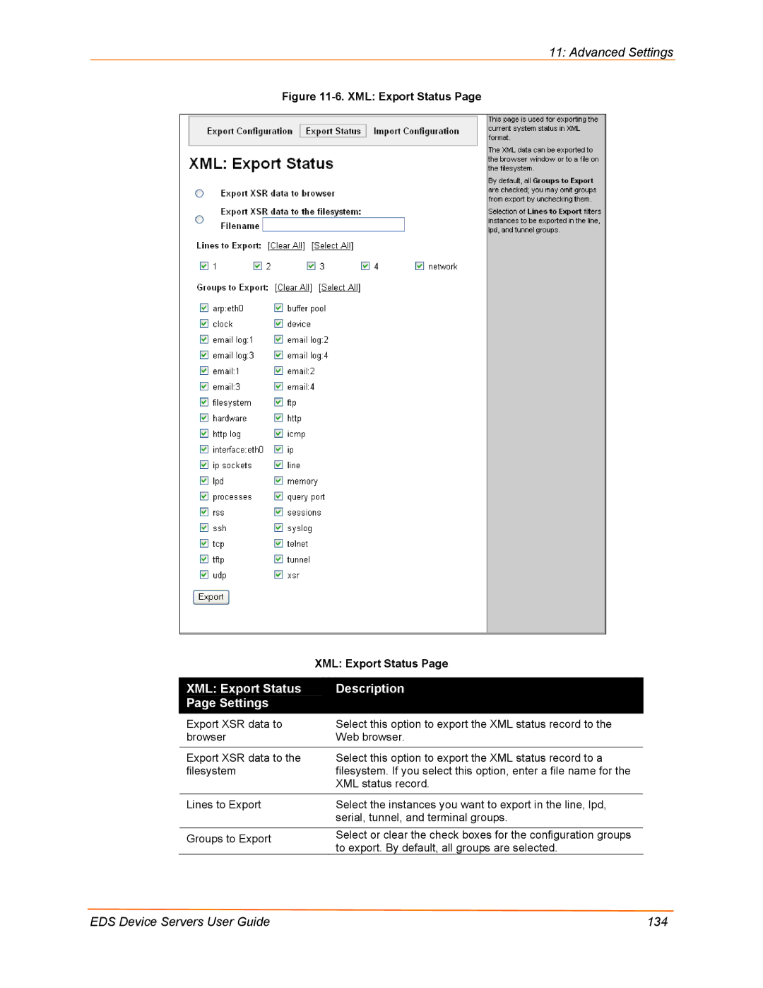 Lantronix EDS4100, EDS32PR, EDS16PR, EDS8PR manual XML Export Status Description Settings 