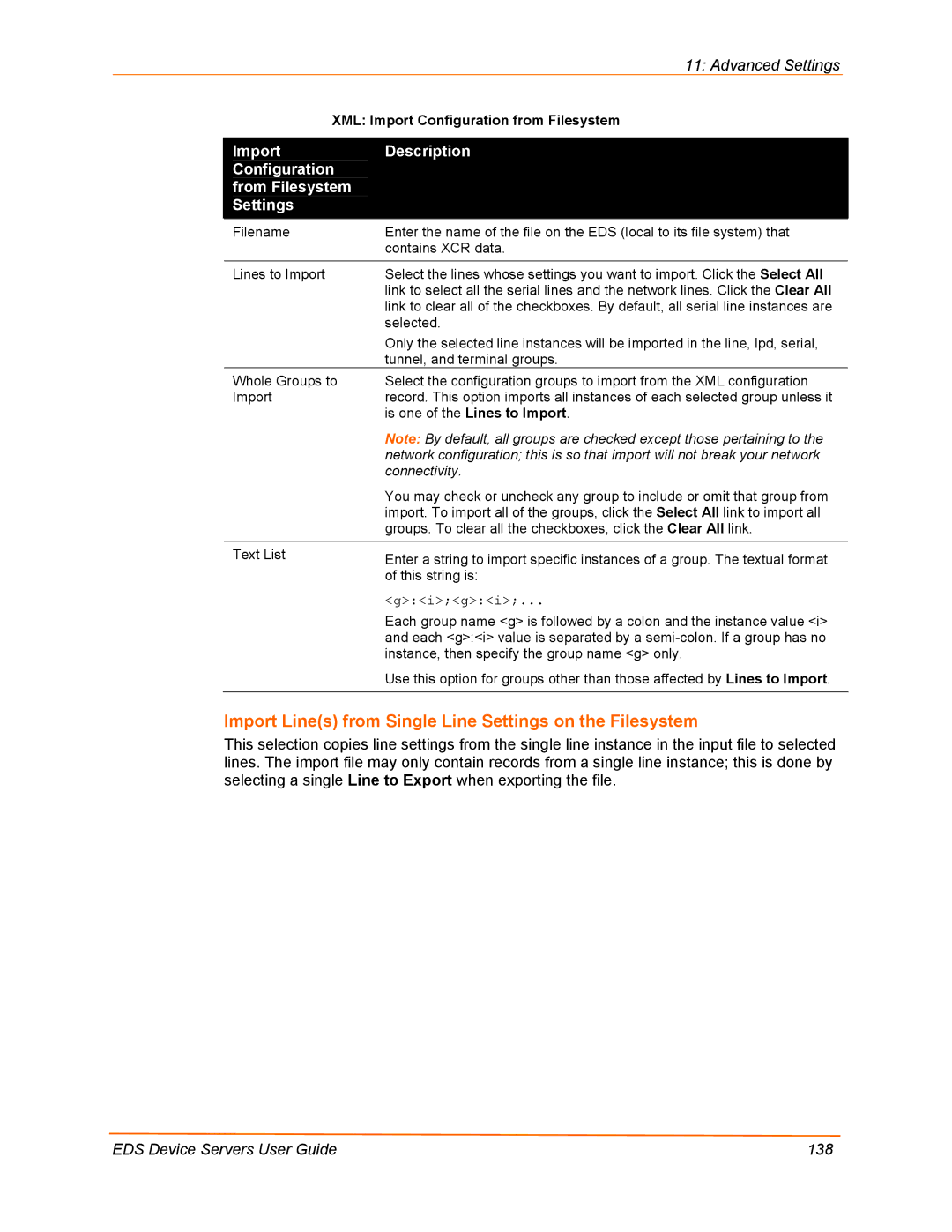 Lantronix EDS4100, EDS32PR, EDS16PR, EDS8PR manual Import Description Configuration From Filesystem Settings, Connectivity 