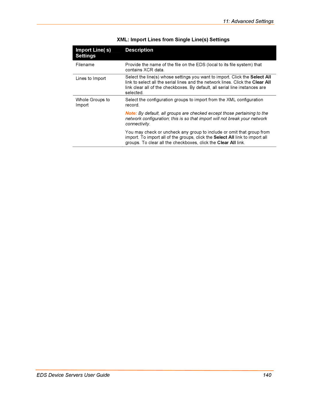 Lantronix EDS32PR, EDS16PR, EDS4100, EDS8PR manual Import Line s Description Settings 