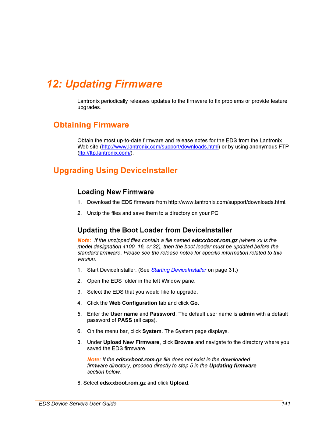 Lantronix EDS16PR, EDS32PR Updating Firmware, Obtaining Firmware Upgrading Using DeviceInstaller, Loading New Firmware 