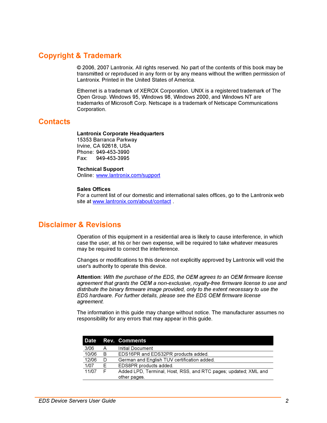 Lantronix EDS4100, EDS32PR, EDS16PR, EDS8PR manual Copyright & Trademark, Date Rev Comments 