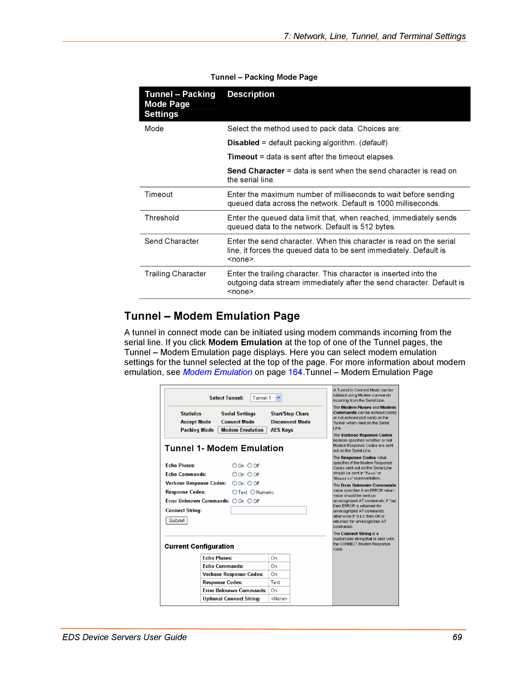 Lantronix EDS16PR, EDS32PR, EDS4100, EDS8PR manual Tunnel Modem Emulation, Tunnel Packing Description Mode Settings 