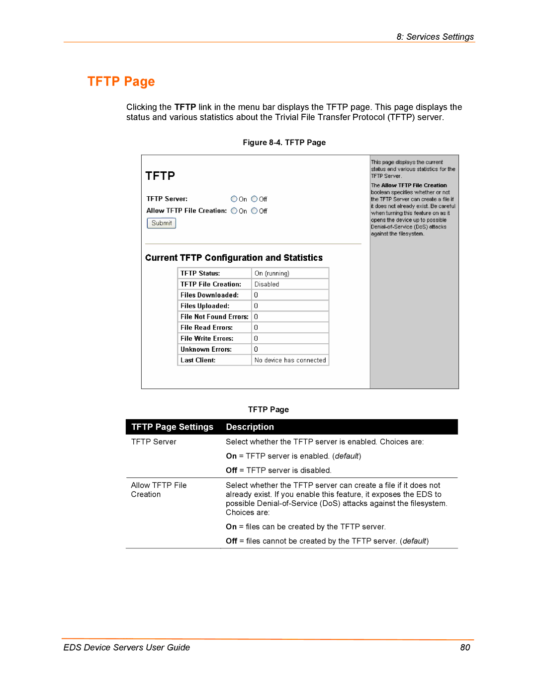 Lantronix EDS32PR, EDS16PR, EDS4100, EDS8PR manual Tftp Page Settings Description 