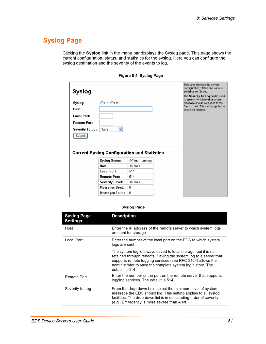 Lantronix EDS16PR, EDS32PR, EDS4100, EDS8PR manual Syslog Description Settings 