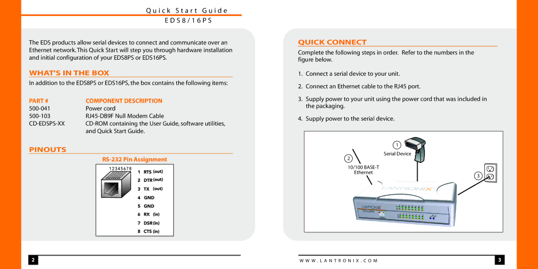 Lantronix EDS8/16PS quick start Whats in the BOX, Pinouts, Quick Connect 