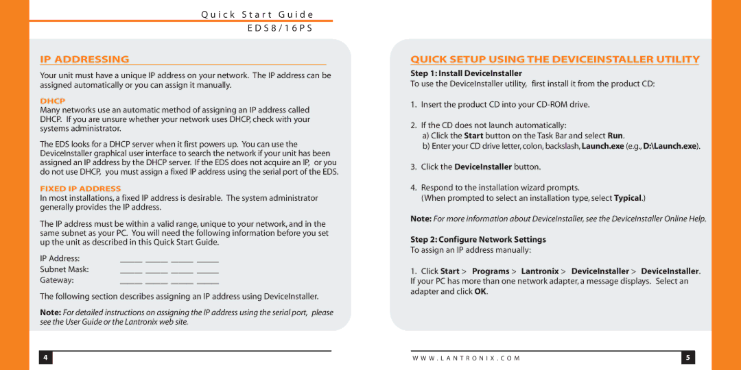 Lantronix EDS8/16PS quick start IP Addressing, Quick Setup Using the Deviceinstaller Utility, Install DeviceInstaller 