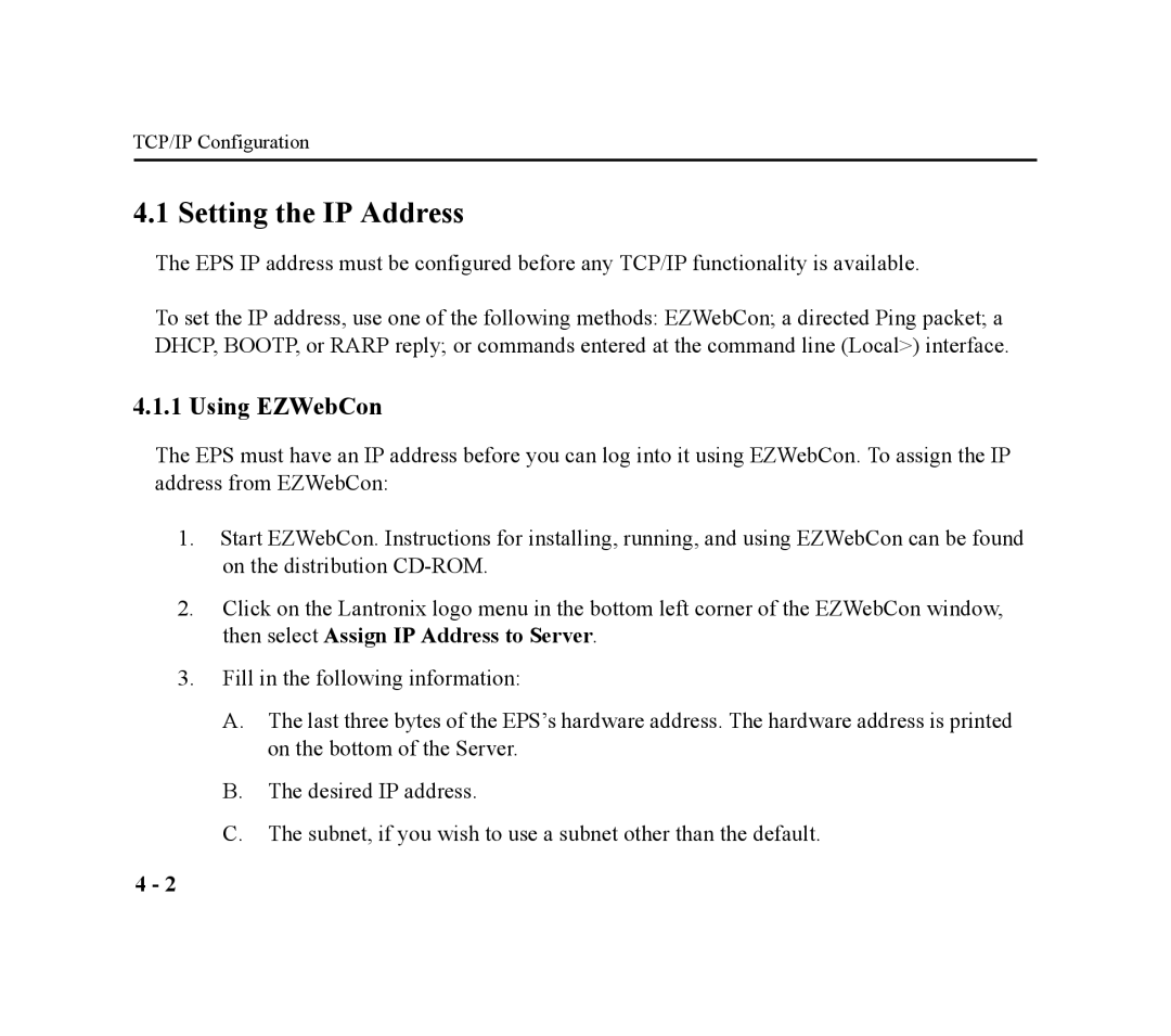 Lantronix EPS2-100, EPS4-100 manual Setting the IP Address, Using EZWebCon 