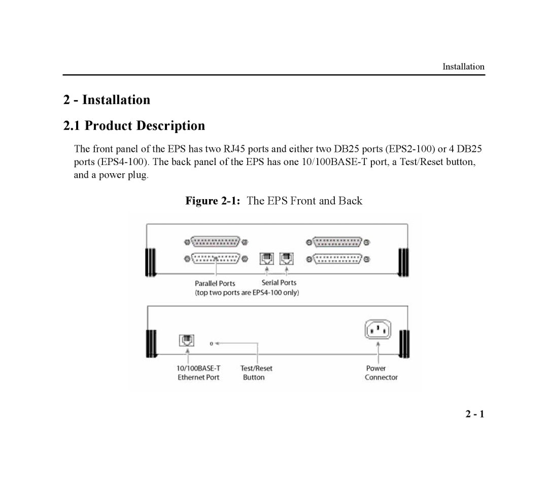 Lantronix EPS4-100, EPS2-100 manual Installation Product Description, 1The EPS Front and Back 