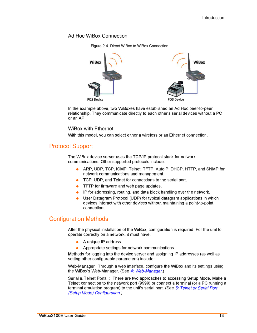 Lantronix manual Protocol Support, Configuration Methods, Ad Hoc WiBox Connection, WiBox with Ethernet 