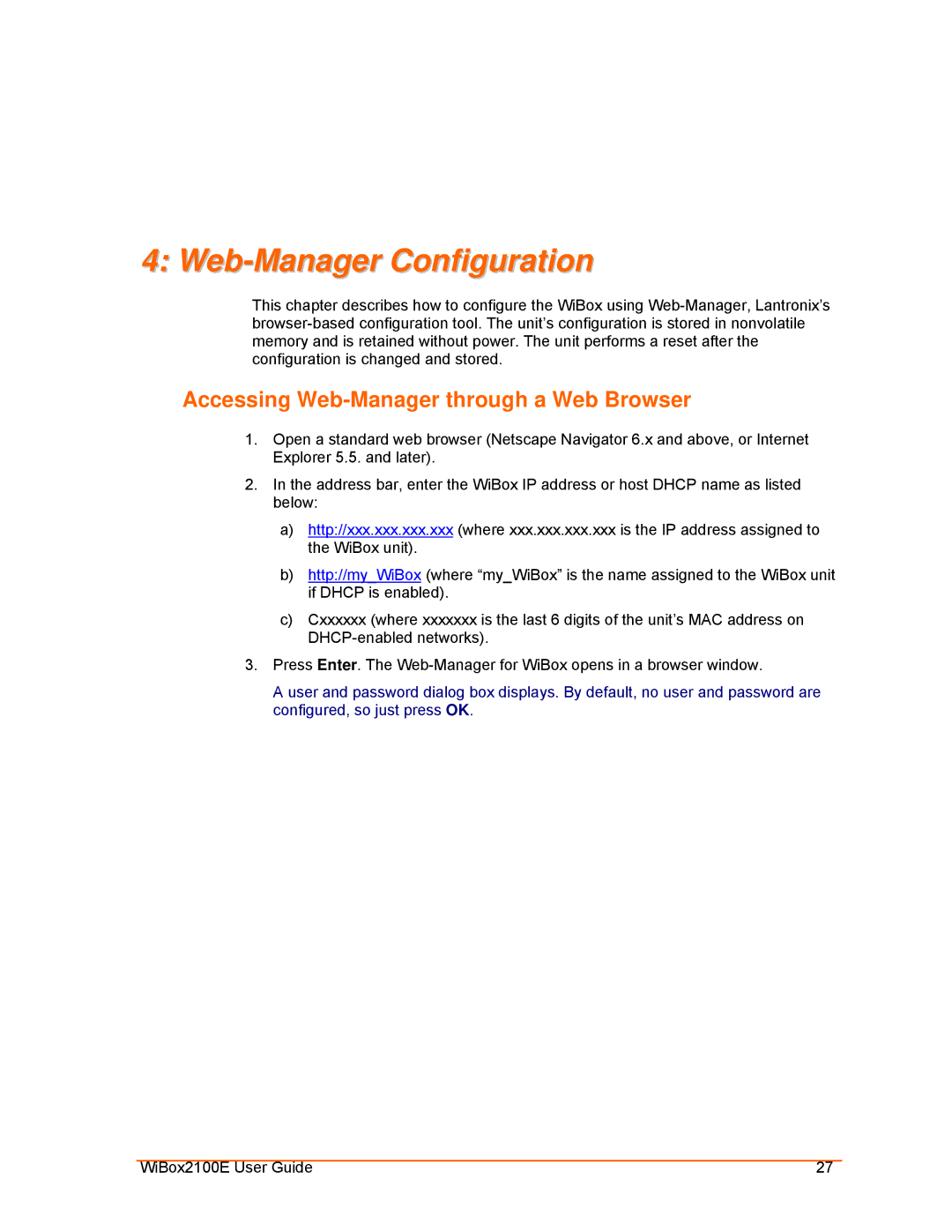 Lantronix Ethernet manual Web-Manager Configuration, Accessing Web-Manager through a Web Browser 