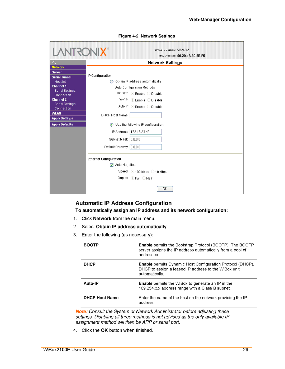 Lantronix Ethernet Automatic IP Address Configuration, Select Obtain IP address automatically, Auto-IP, Dhcp Host Name 