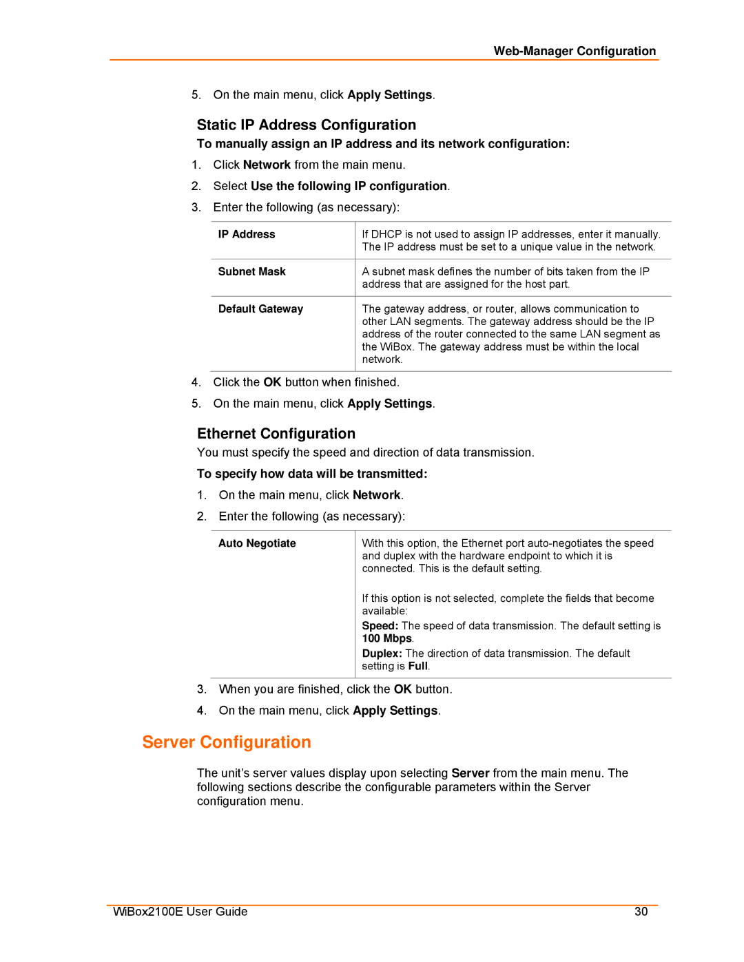 Lantronix manual Server Configuration, Static IP Address Configuration, Ethernet Configuration 