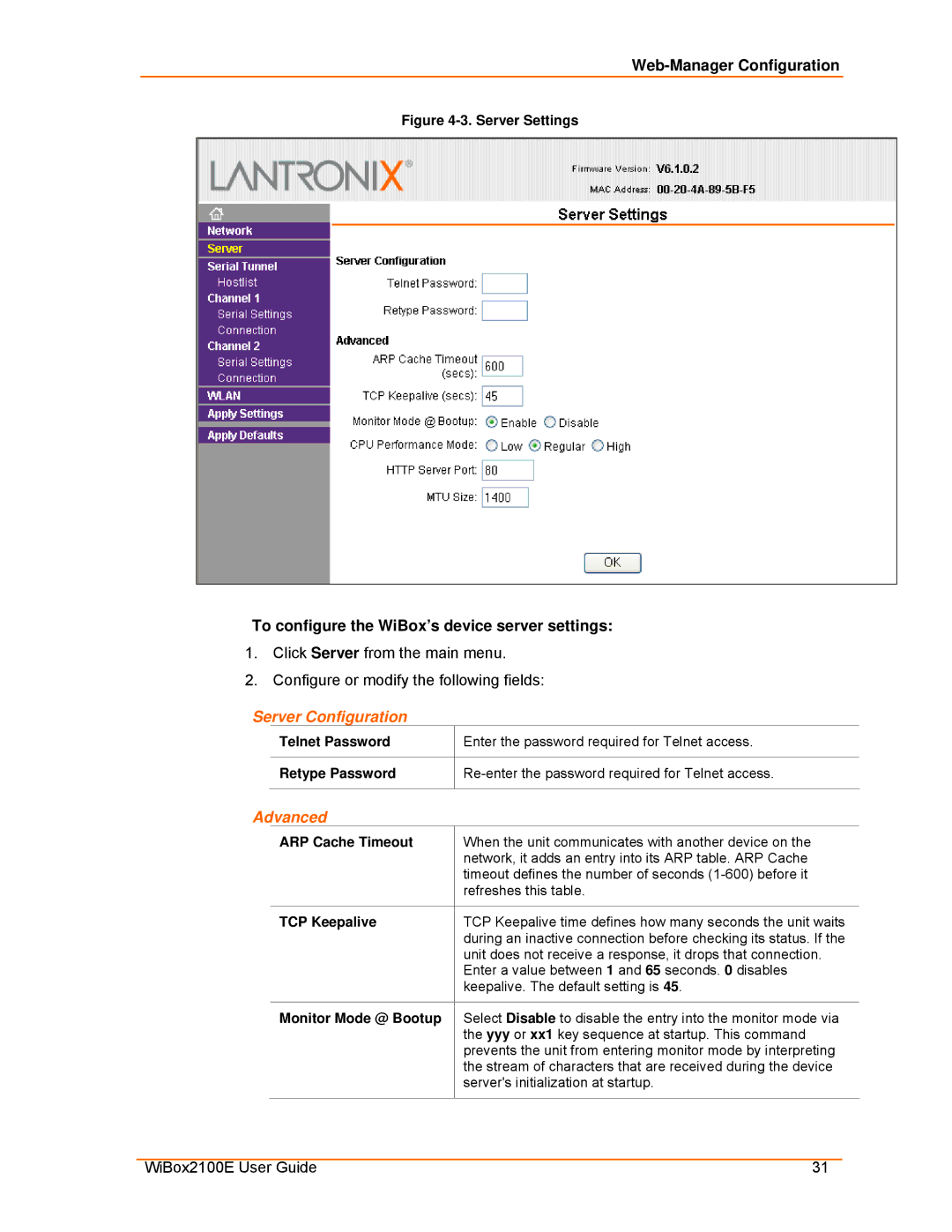 Lantronix Ethernet manual To configure the WiBox’s device server settings, Server Configuration, Advanced 