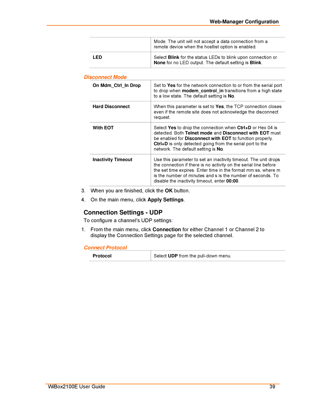 Lantronix Ethernet manual Connection Settings UDP, Disconnect Mode 