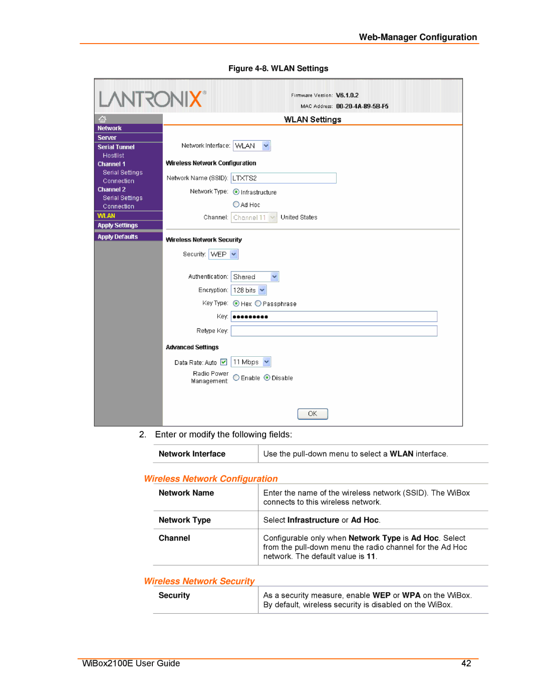 Lantronix Ethernet manual Wireless Network Configuration, Wireless Network Security, Network Name 