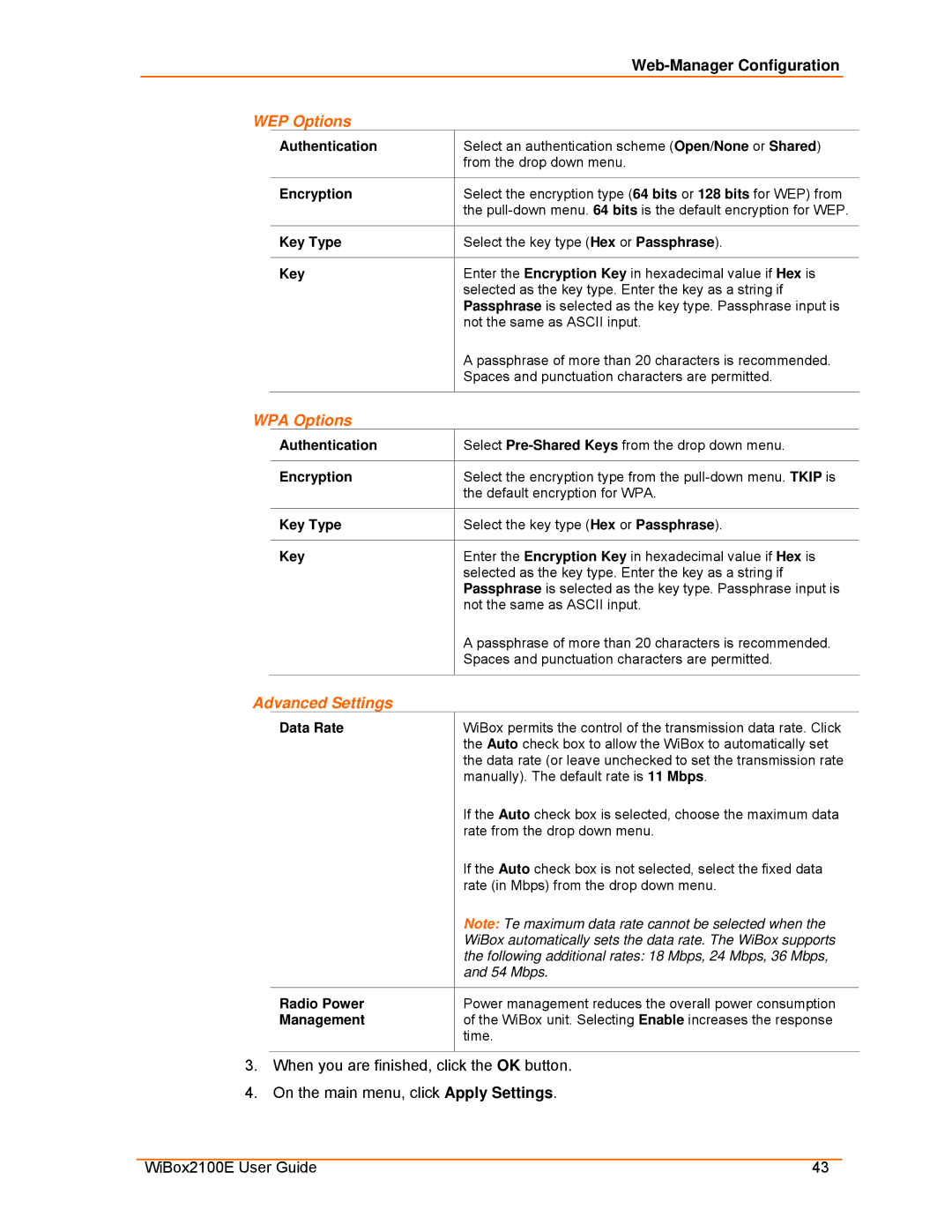 Lantronix Ethernet manual WEP Options, WPA Options, Advanced Settings 