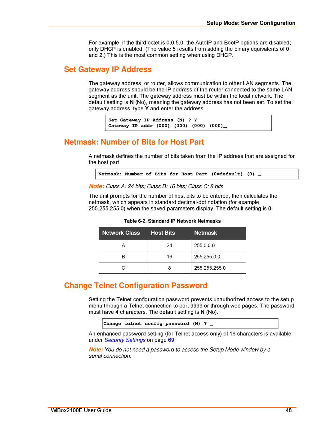 Lantronix Ethernet Set Gateway IP Address, Netmask Number of Bits for Host Part, Change Telnet Configuration Password 