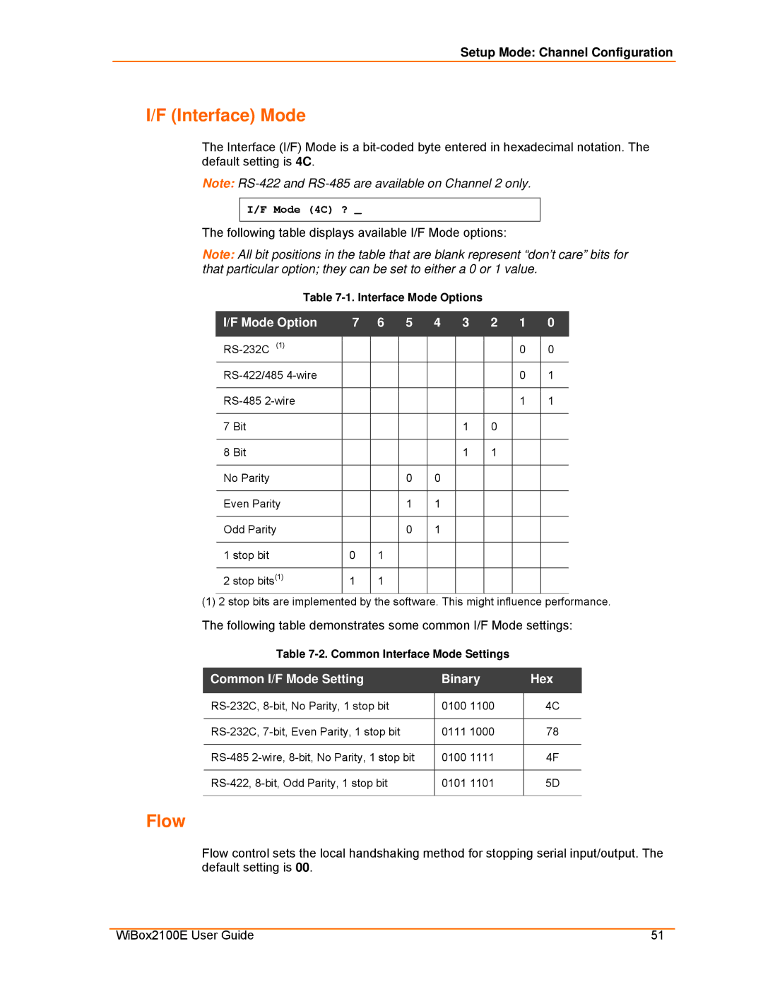 Lantronix Ethernet Interface Mode, Flow, Setup Mode Channel Configuration, Mode Option, Common I/F Mode Setting Binary Hex 