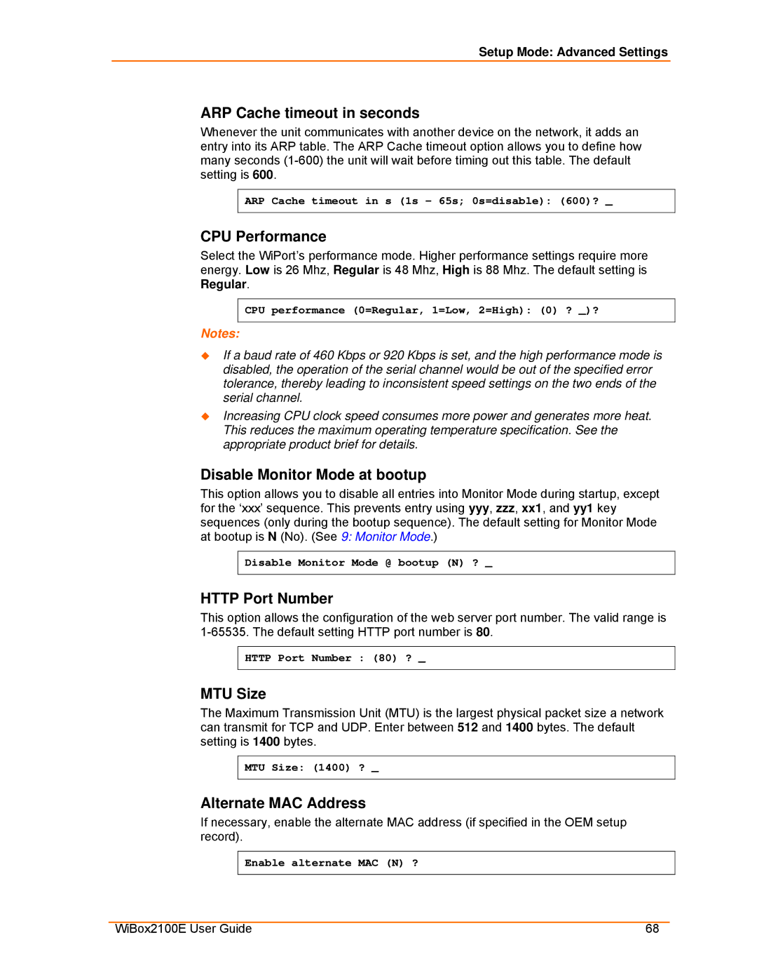 Lantronix Ethernet manual ARP Cache timeout in seconds, CPU Performance, Disable Monitor Mode at bootup, Http Port Number 