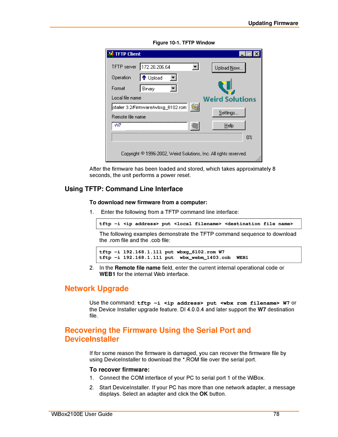 Lantronix Ethernet manual Network Upgrade, Using Tftp Command Line Interface, Updating Firmware 