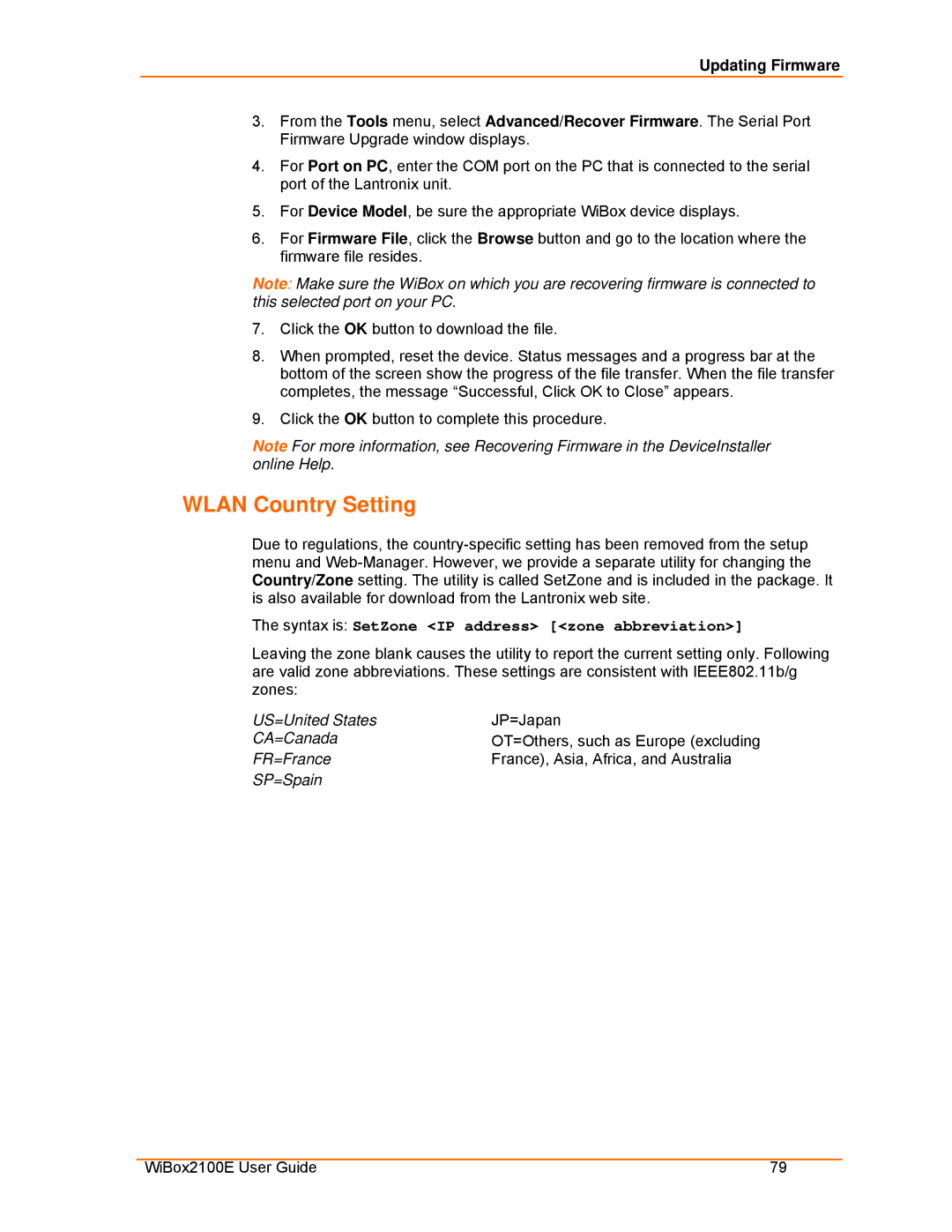 Lantronix Ethernet manual Wlan Country Setting, Syntax is SetZone IP address zone abbreviation 