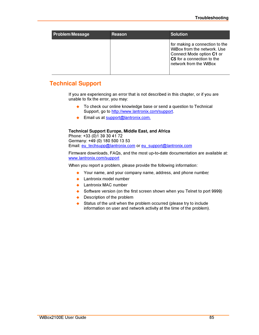 Lantronix Ethernet manual Technical Support Europe, Middle East, and Africa 