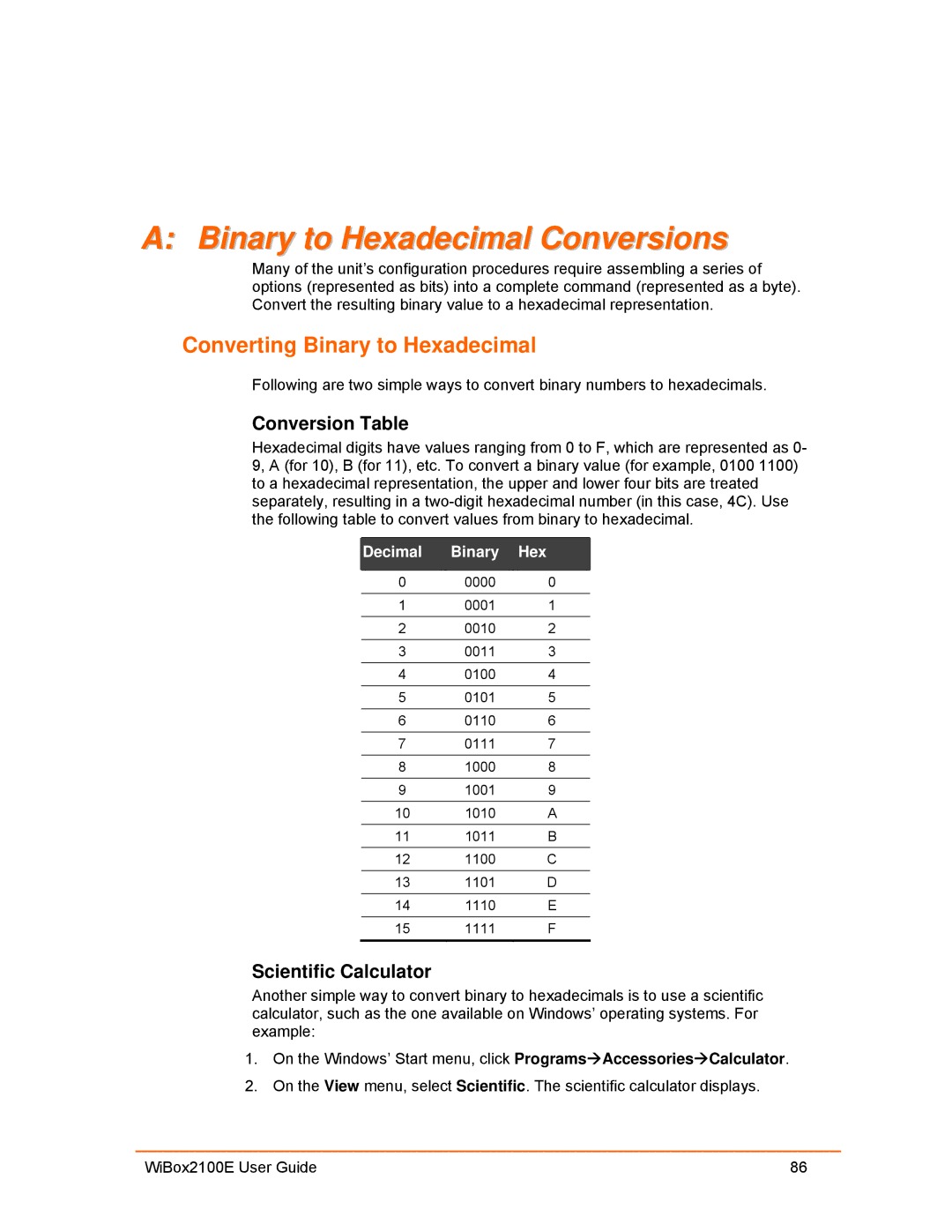 Lantronix Ethernet manual Binary to Hexadecimal Conversions, Converting Binary to Hexadecimal, Conversion Table 