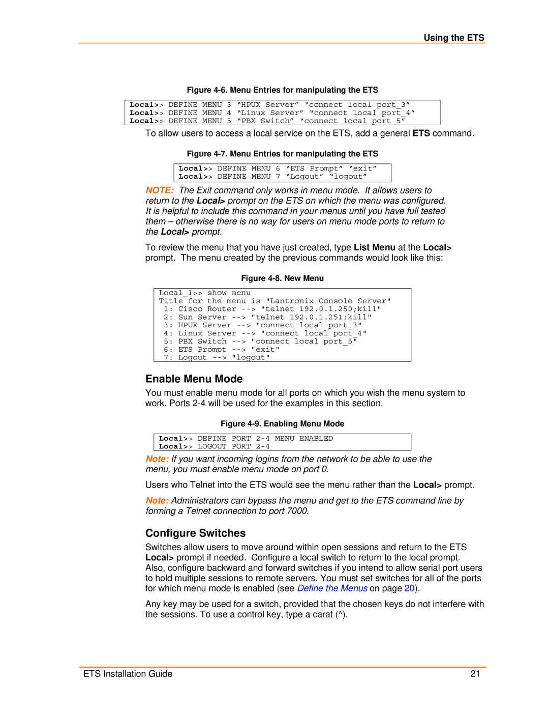 Lantronix ETS16PS, ETS8PS, ETS32PR, ETS16PR manual Enable Menu Mode, Configure Switches 