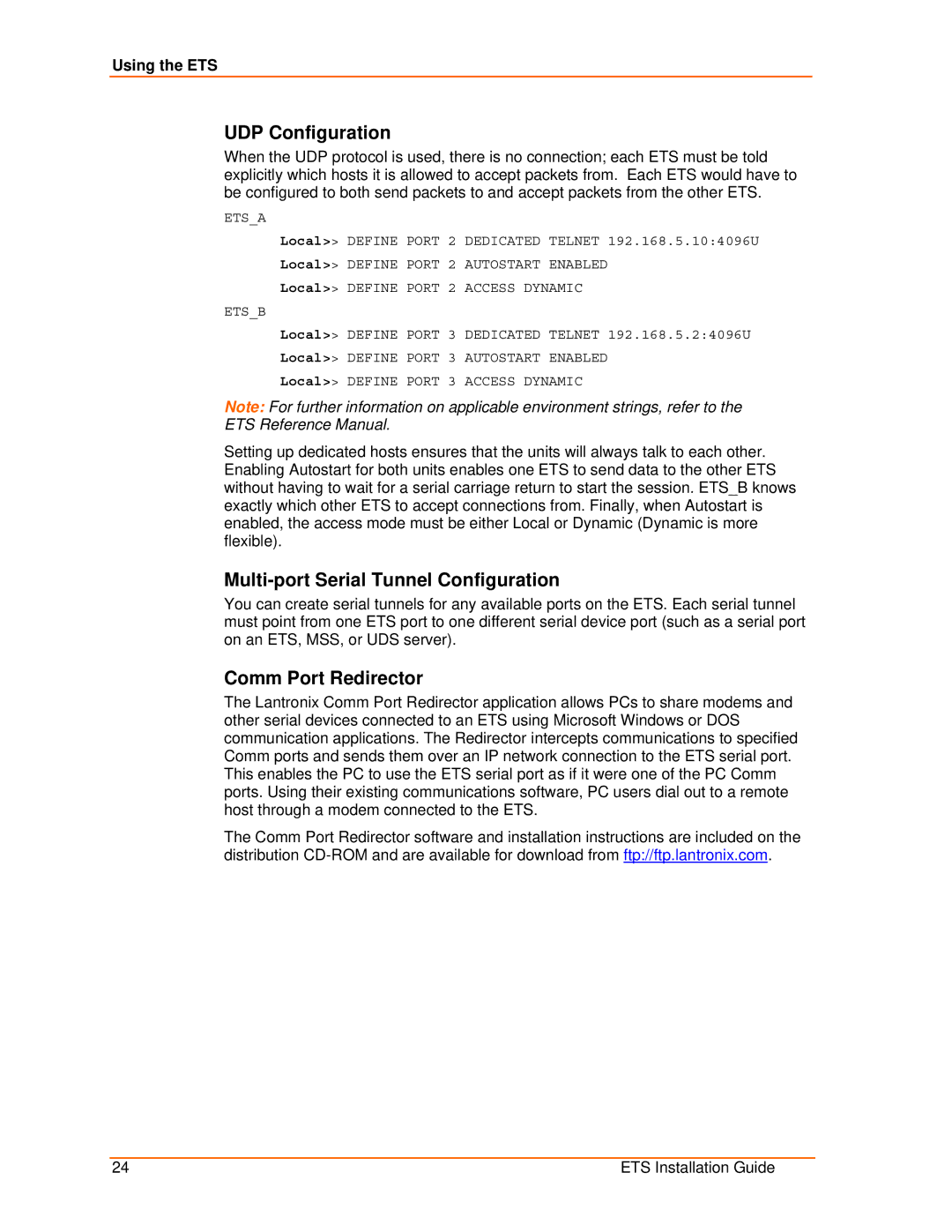 Lantronix ETS8PS, ETS16PS, ETS32PR, ETS16PR UDP Configuration, Multi-port Serial Tunnel Configuration, Comm Port Redirector 
