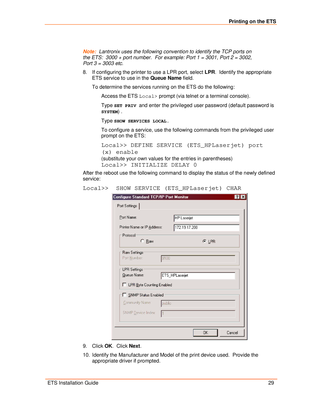 Lantronix ETS16PS, ETS8PS, ETS32PR, ETS16PR manual Local Define Service ETSHPLaserjet port Enable 