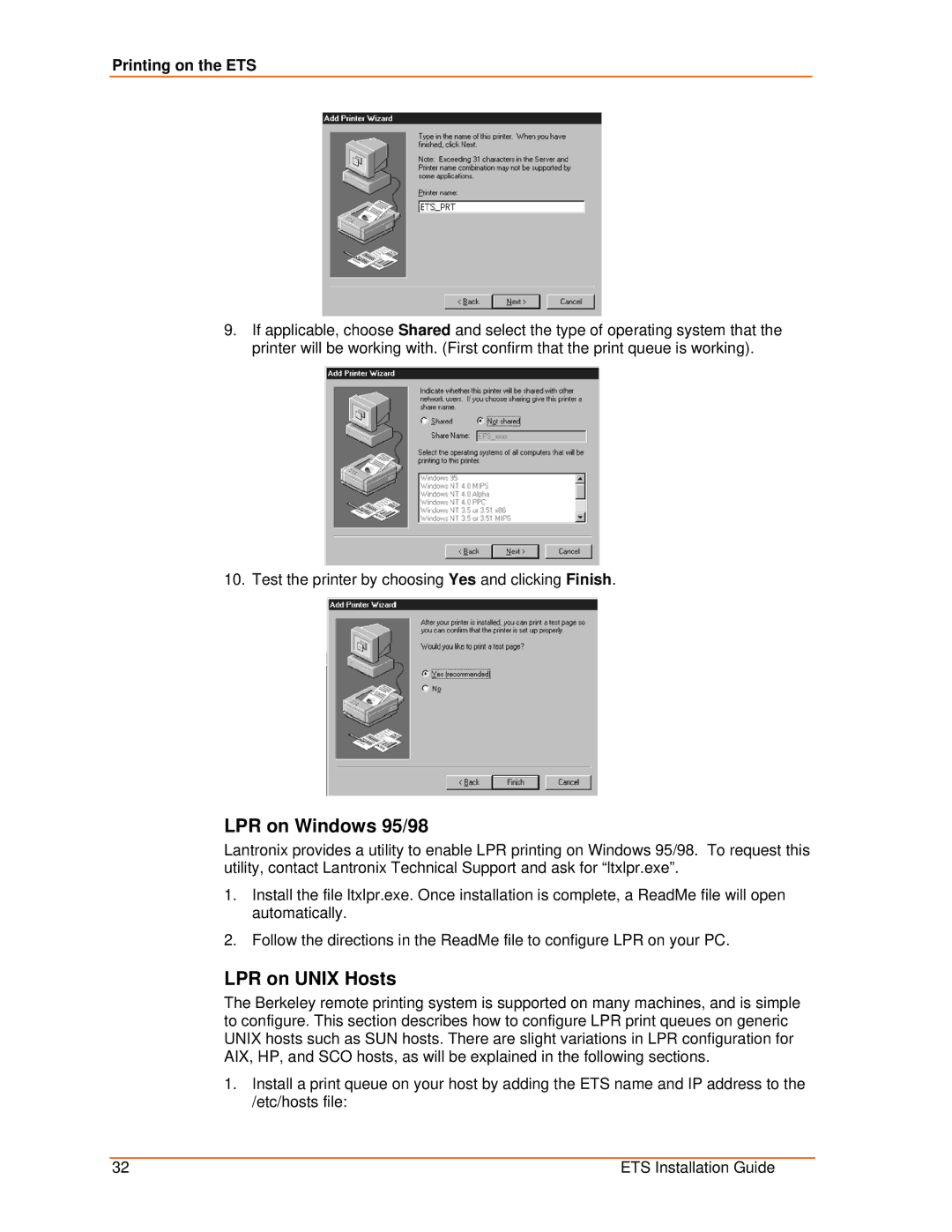 Lantronix ETS8PS, ETS16PS, ETS32PR, ETS16PR manual LPR on Windows 95/98, LPR on Unix Hosts 