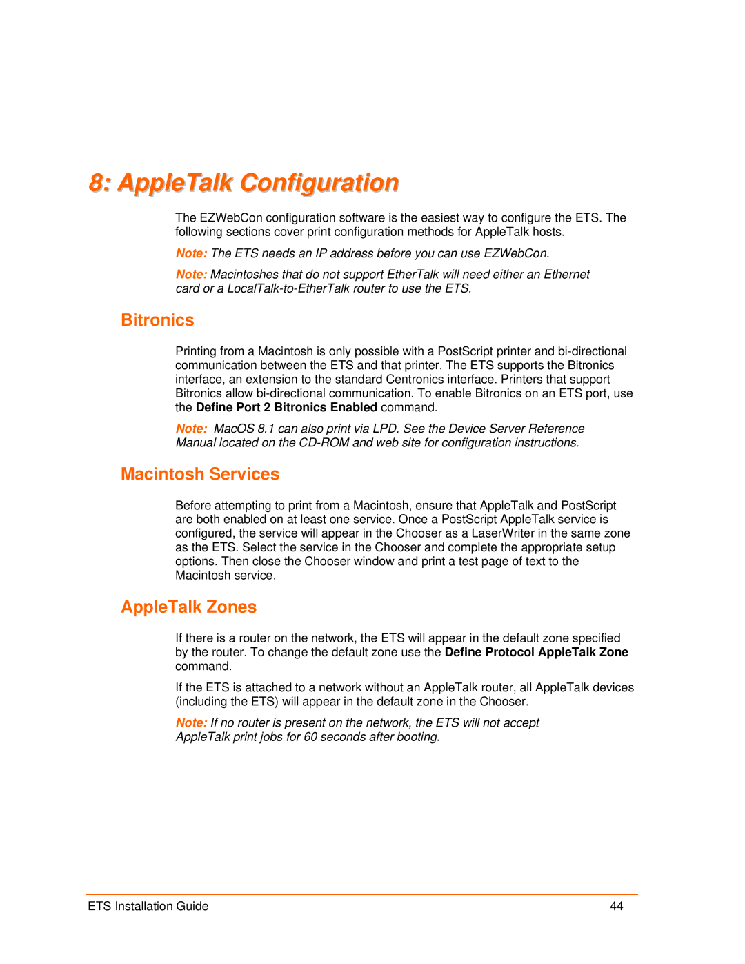 Lantronix ETS8PS, ETS16PS, ETS32PR, ETS16PR manual AppleTalk Configuration, Bitronics, Macintosh Services, AppleTalk Zones 