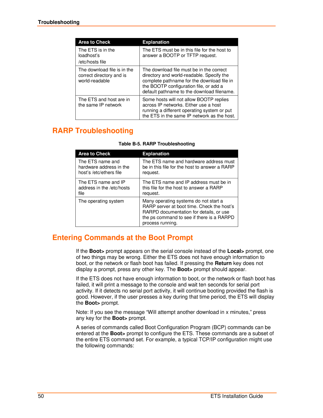 Lantronix ETS32PR, ETS8PS, ETS16PS, ETS16PR manual Rarp Troubleshooting, Entering Commands at the Boot Prompt 