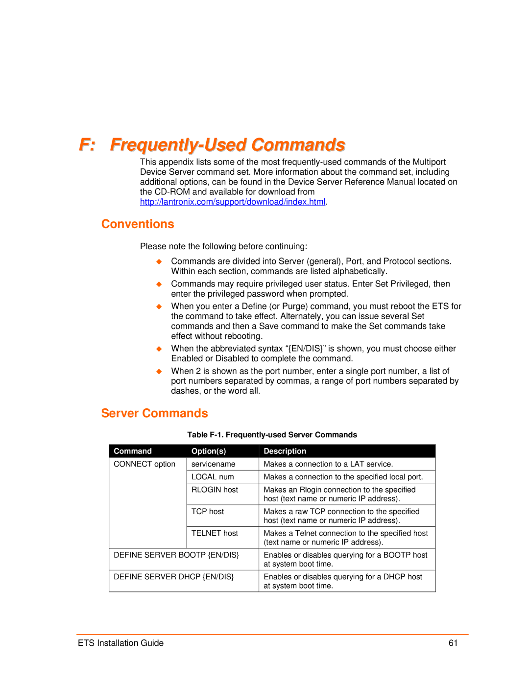 Lantronix ETS16PS, ETS8PS, ETS32PR, ETS16PR manual Frequently-Used Commands, Conventions, Server Commands 