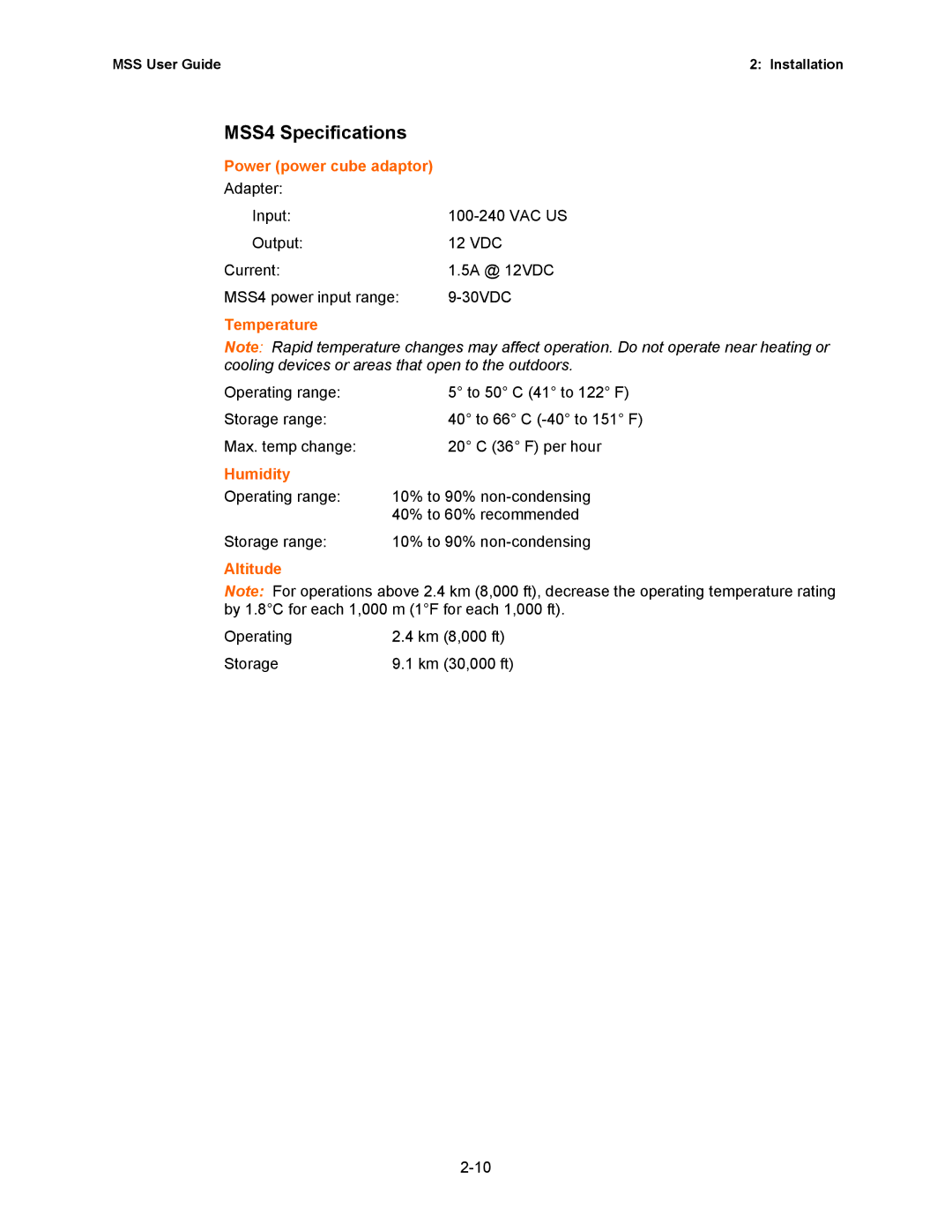 Lantronix Hub manual MSS4 Specifications, Power power cube adaptor 