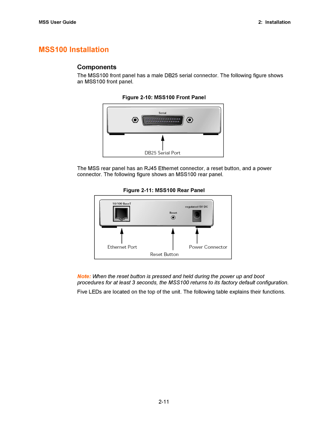 Lantronix Hub manual MSS100 Installation, 10 MSS100 Front Panel 