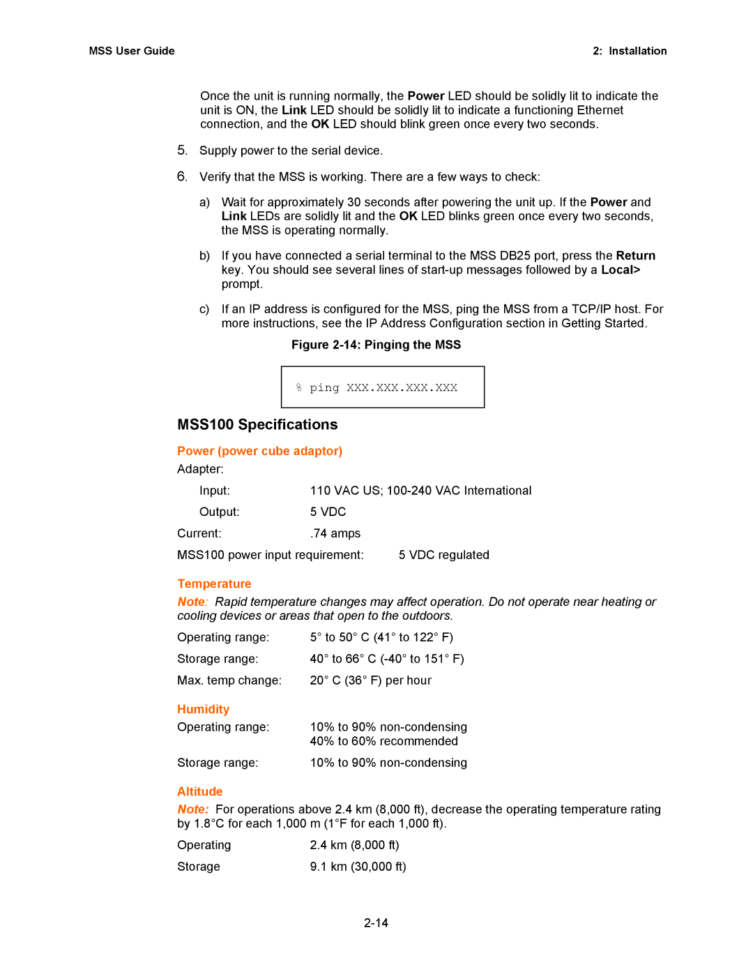 Lantronix Hub manual MSS100 Specifications, Pinging the MSS 