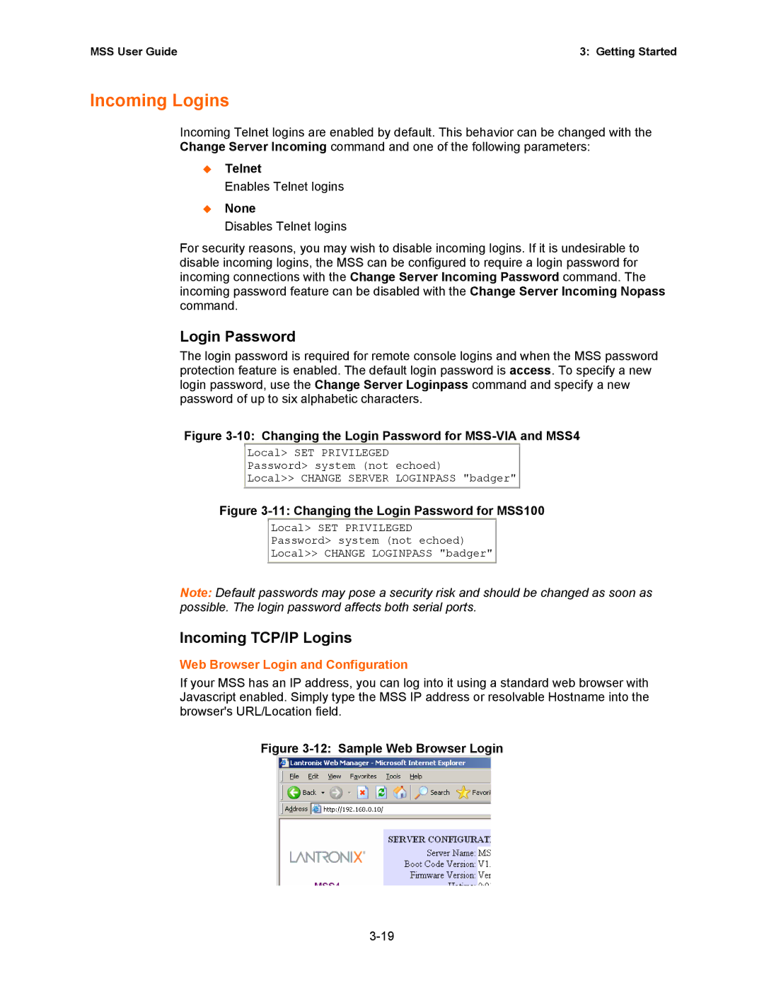 Lantronix Hub manual Incoming Logins, Login Password, Incoming TCP/IP Logins, Web Browser Login and Configuration 