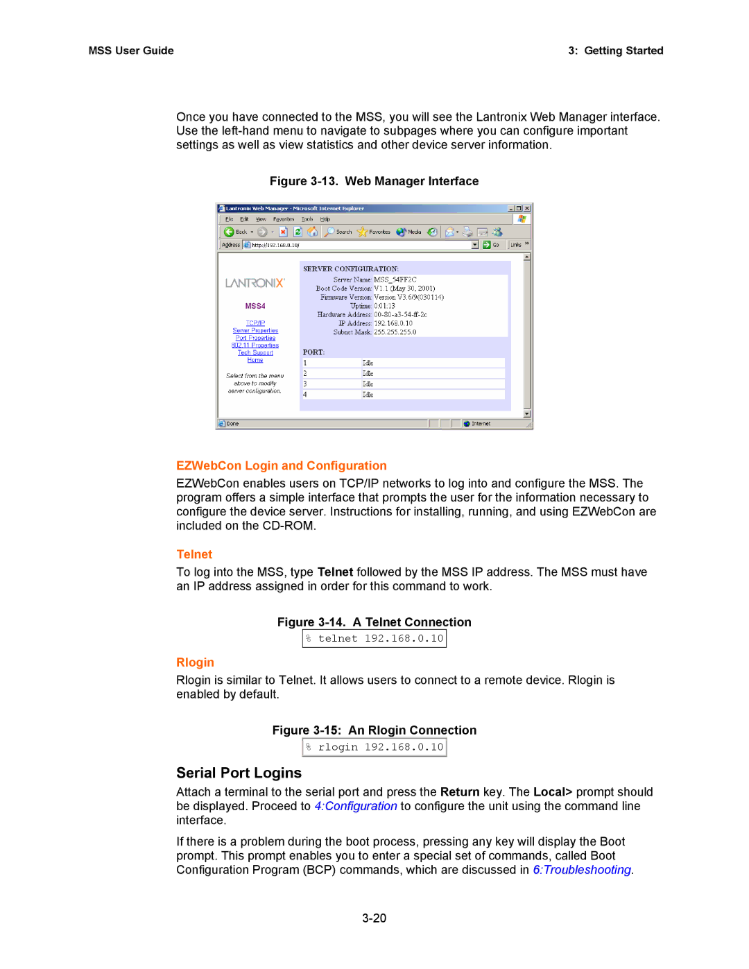 Lantronix Hub manual Serial Port Logins, EZWebCon Login and Configuration, Telnet, Rlogin 