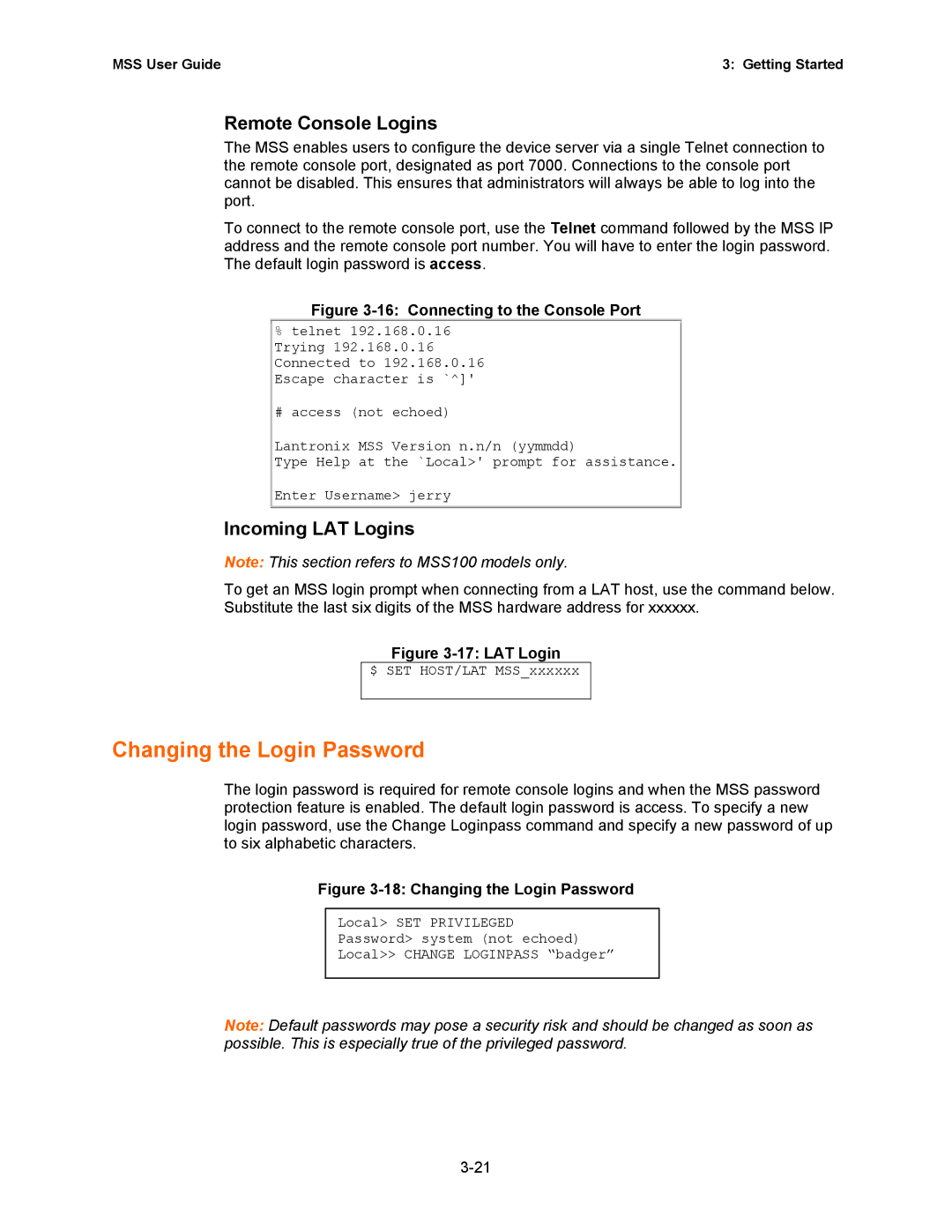 Lantronix Hub manual Changing the Login Password, Remote Console Logins, Incoming LAT Logins 