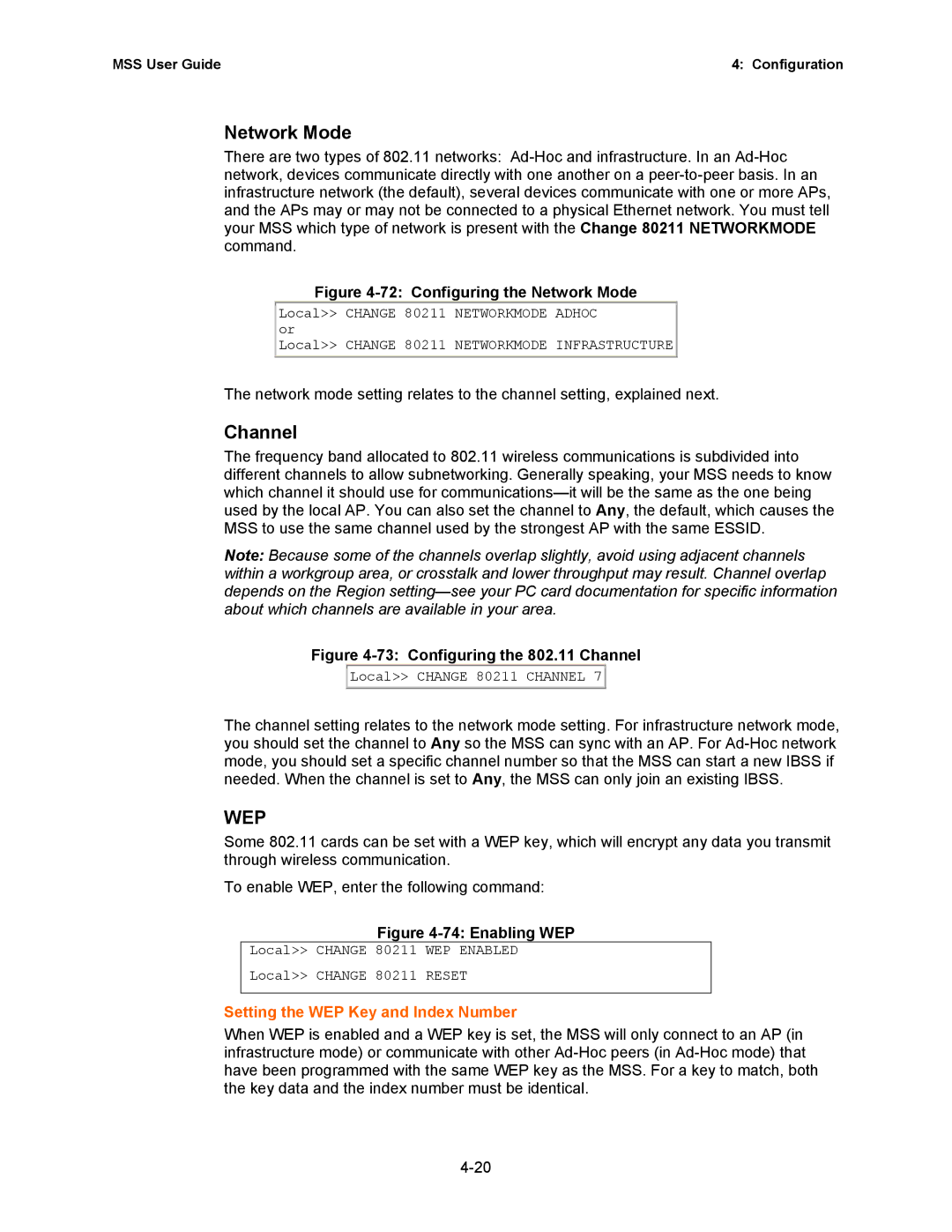 Lantronix Hub manual Network Mode, Channel, Setting the WEP Key and Index Number 