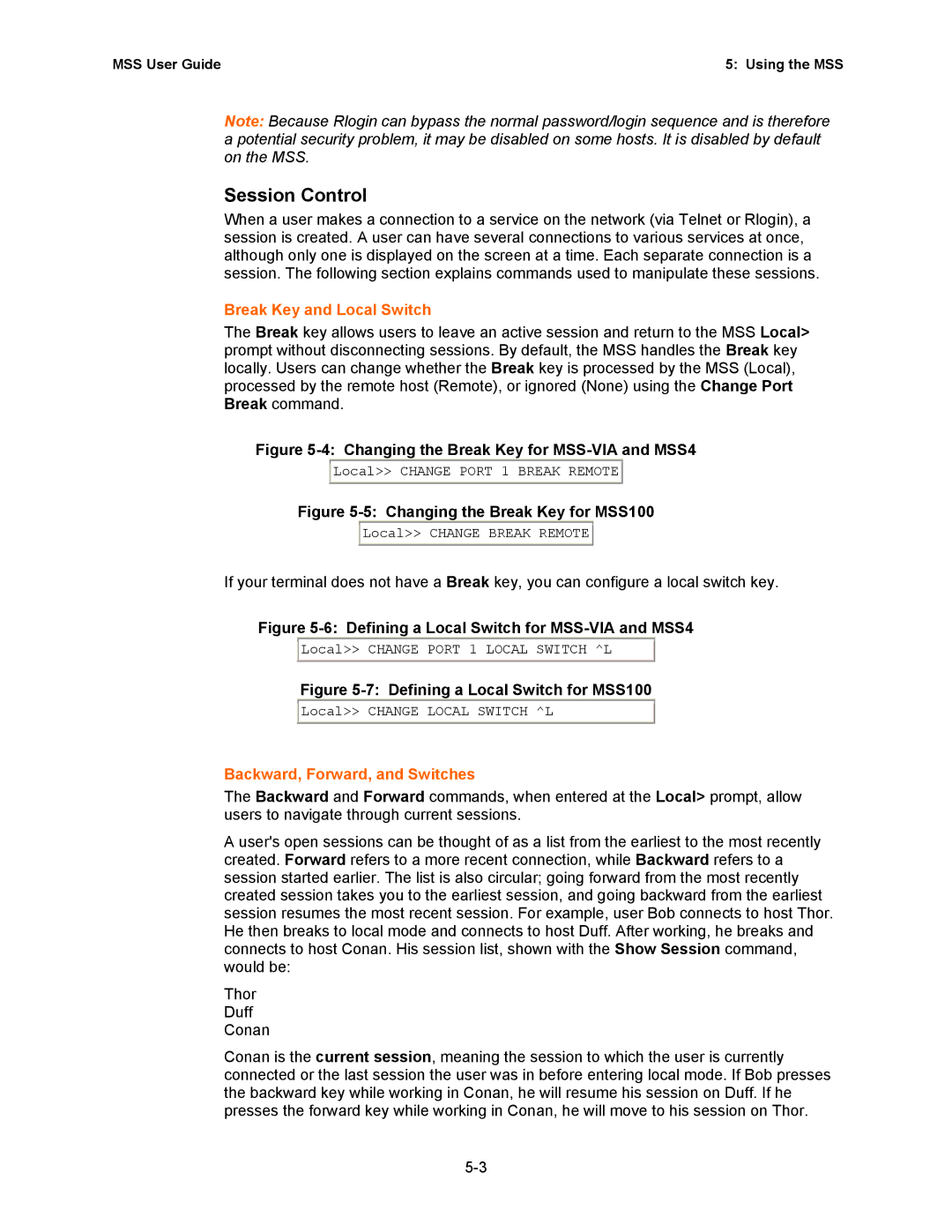 Lantronix Hub manual Session Control, Break Key and Local Switch, Backward, Forward, and Switches 