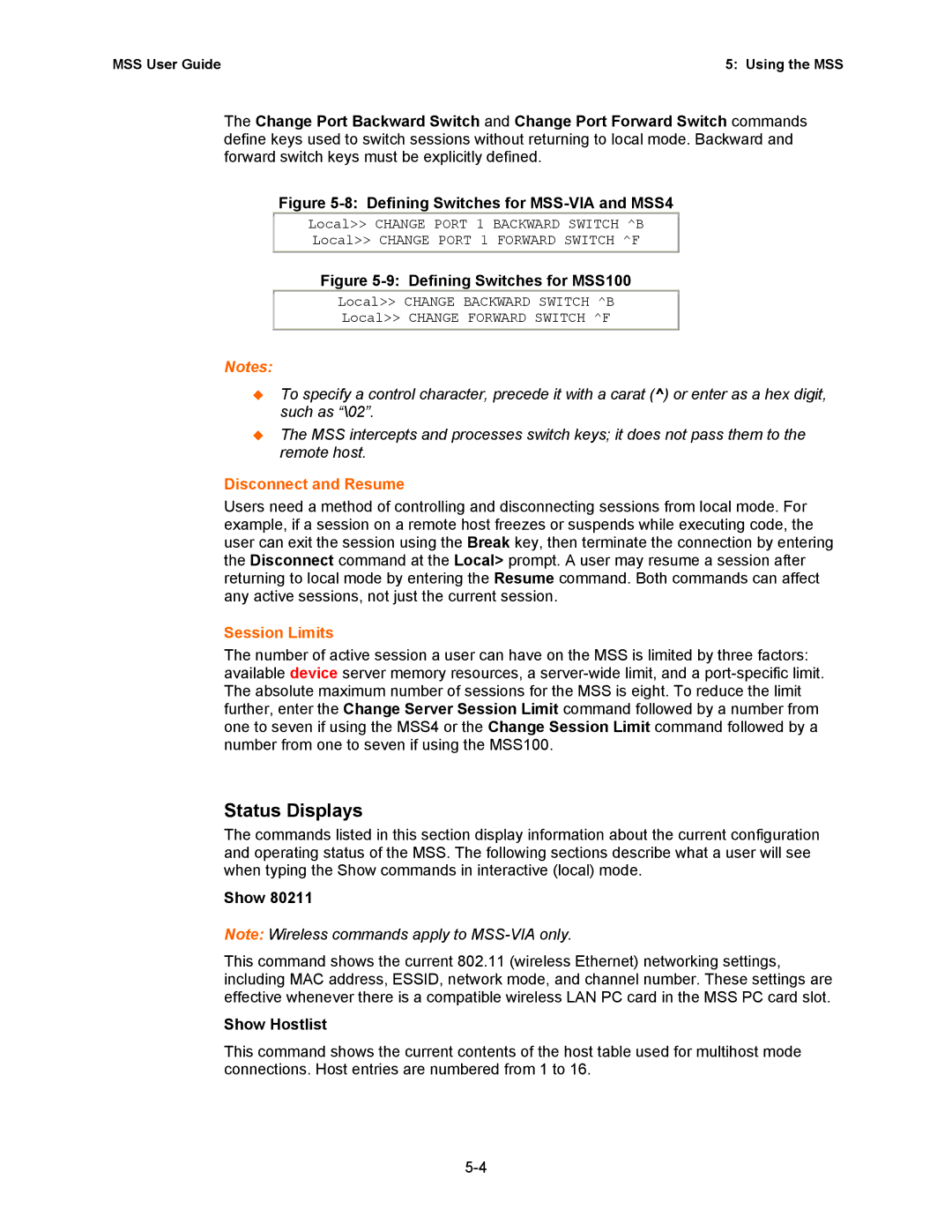 Lantronix Hub manual Status Displays, Disconnect and Resume, Session Limits, Show Hostlist 