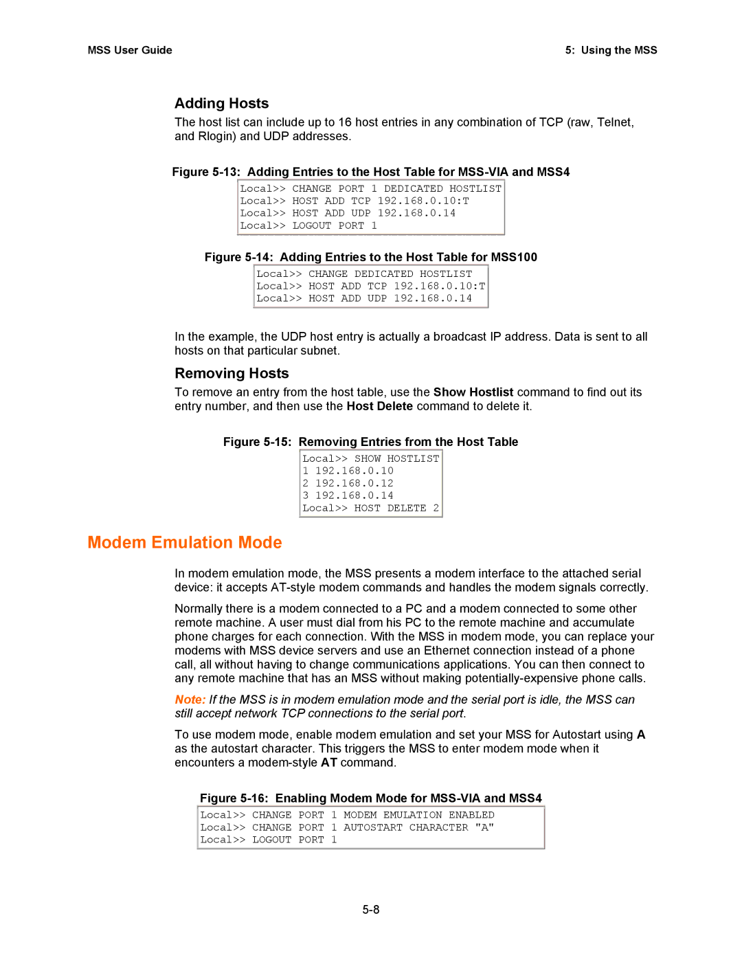 Lantronix Hub manual Modem Emulation Mode, Adding Hosts, Removing Hosts 