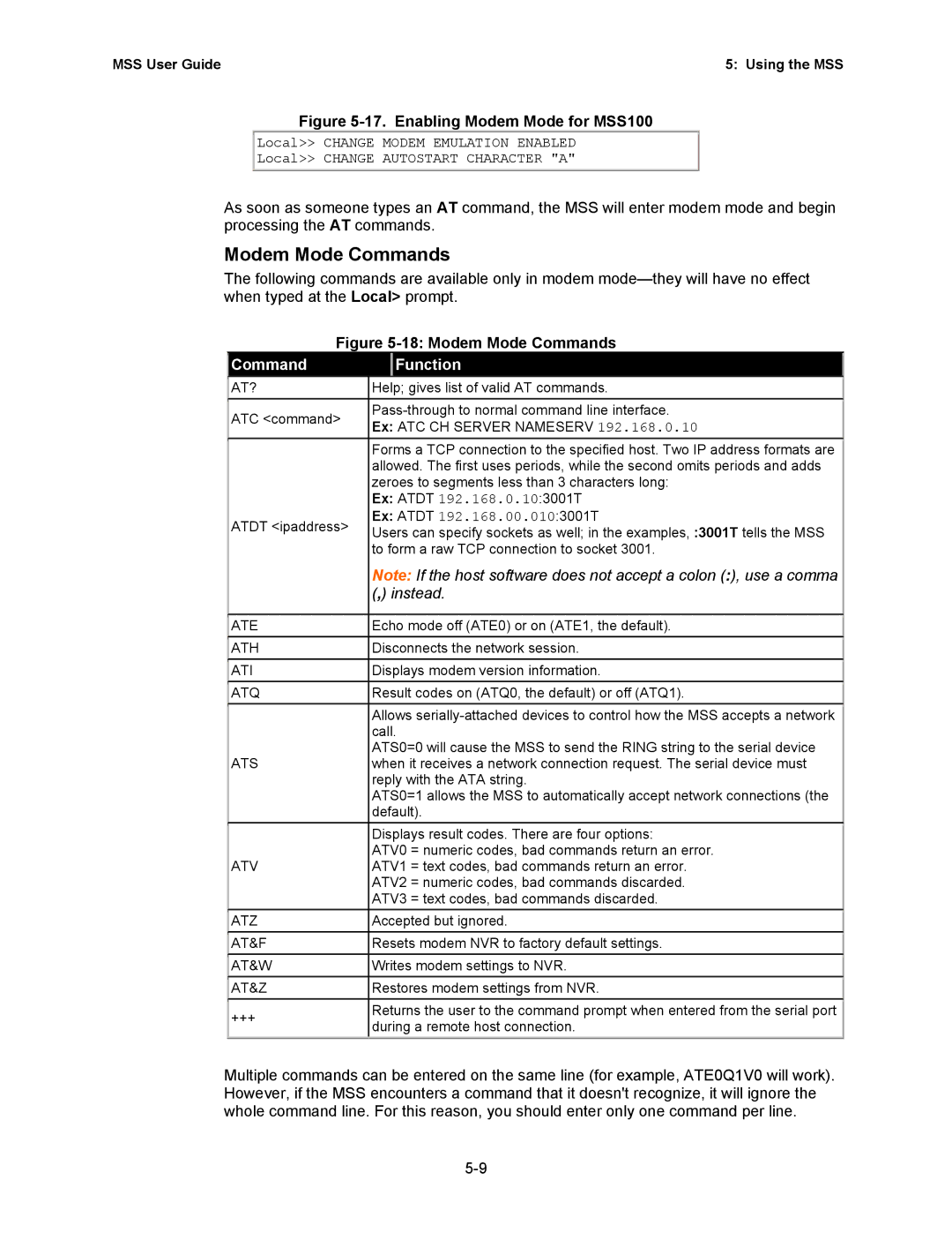 Lantronix Hub manual Modem Mode Commands, Enabling Modem Mode for MSS100 